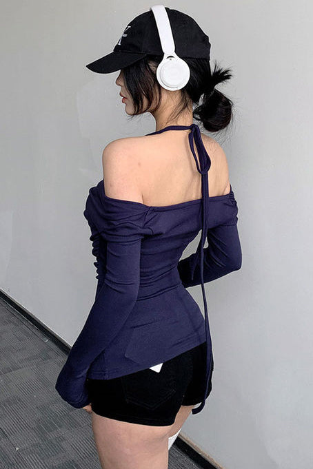 Women Sexy Off Shoulder Halter Long Sleeve Top Tee