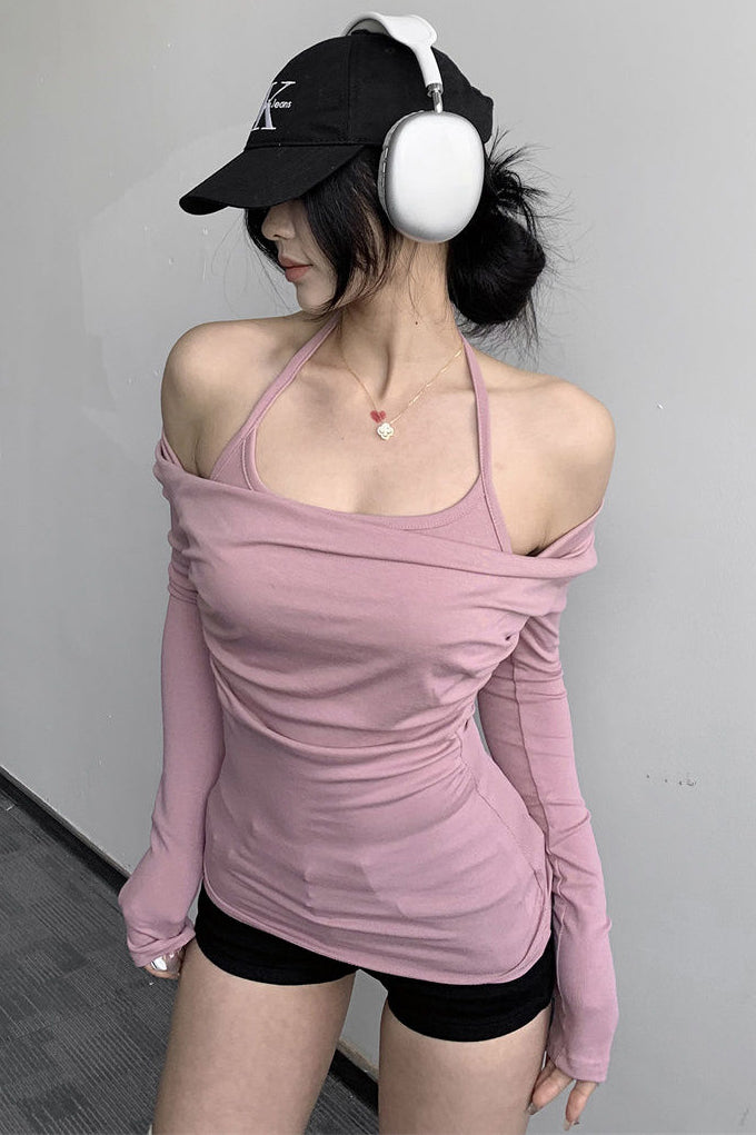 Women Sexy Off Shoulder Halter Long Sleeve Top Tee