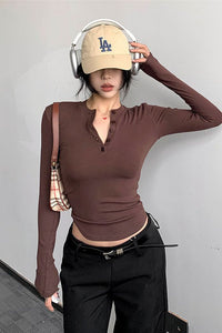 Women Fashion Buttons Neck Long Sleeve Top Tee