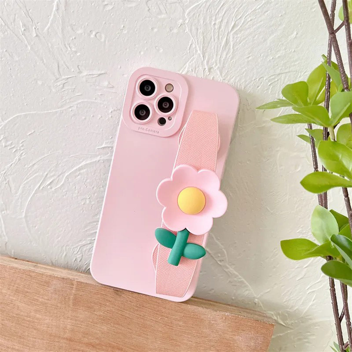 Cartoon Cute 3D Flower Holder Wristband Soft Case for iPhone 11 12 13 14 15 Shockproof Cover