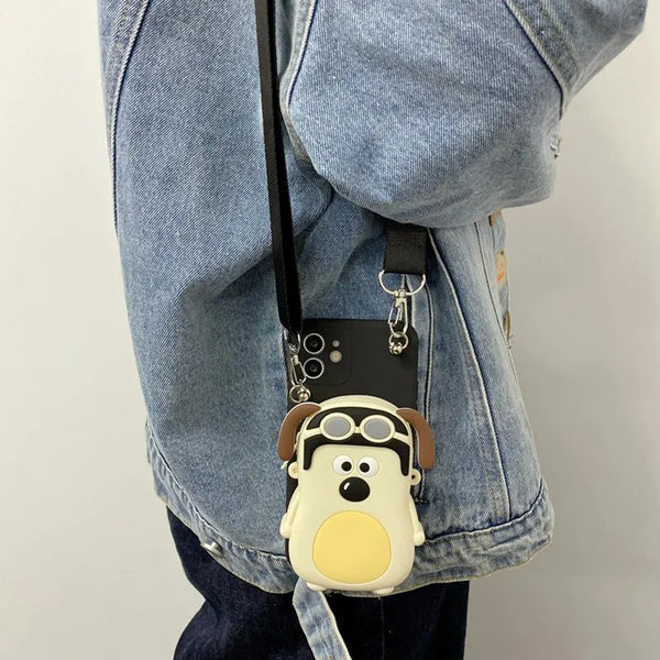 Fashion Cartoon Three-Dimensional Funny Handdog Coin Purse Crossbody Strap Apple Phone Case