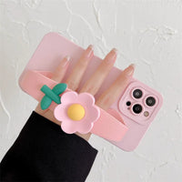 Cartoon Cute 3D Flower Holder Wristband Soft Case for iPhone 11 12 13 14 15 Shockproof Cover