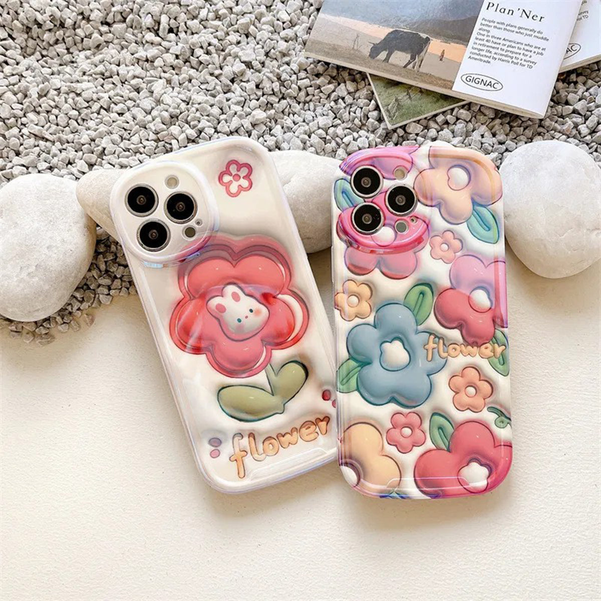 Cute Emboss Colorful Flowers Phone Case for iphone 11 12 13 14 15 Anti-drop All-inclusive Anti-knock Shockproof Cover