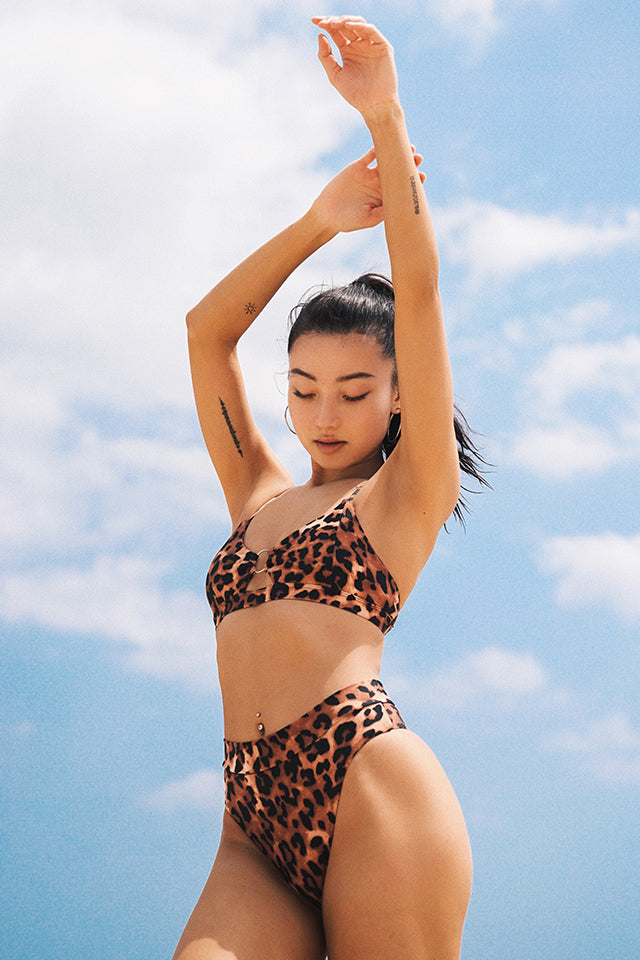 Leopard Print Cross Lace Up Bikini Set Swimsuit Swimwear