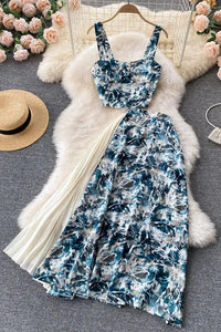 Women Dress Set Fashion Floral Print Pleated Long Skirts + Straps Short Tops Vacation Two Piece Suits