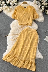Women Dress Set Polka Dot Bandage Crop Tops + High Waist Ruffle Skirts Female Two Piece