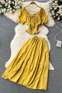 Women Two Piece Skirts Sets Chic Fashion Elastic Waist Crop Tops + A-line Long Skirts Solid Suits