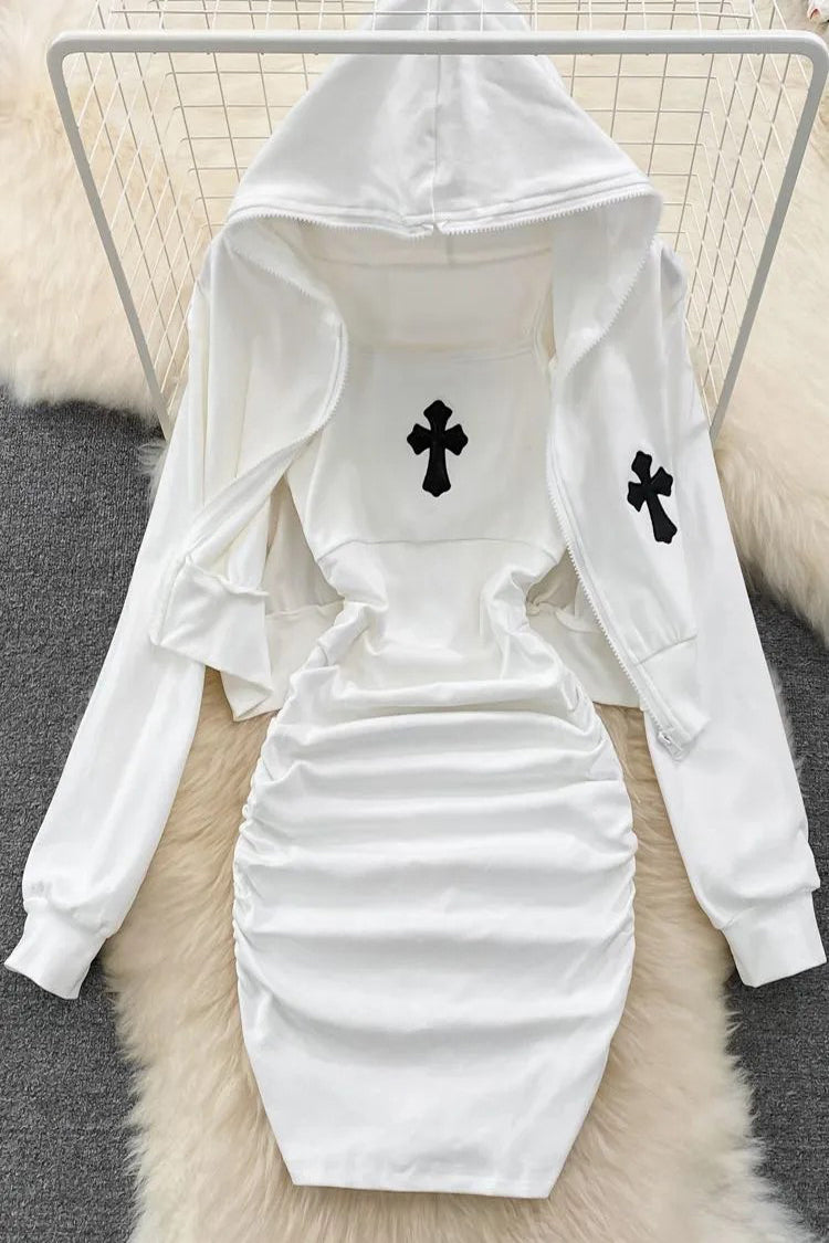 Women Dress Set Fashion Wrap Hips Mini Dress And Full Sleeve Hooded Short Coats Two Piece