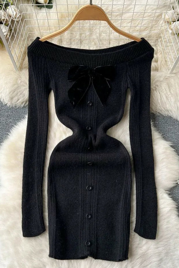 Fashion Women Bow Mini Dress Off Shoulders High Waist Knitted Bodycon Dress
