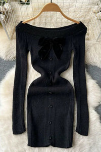 Fashion Women Bow Mini Dress Off Shoulders High Waist Knitted Bodycon Dress