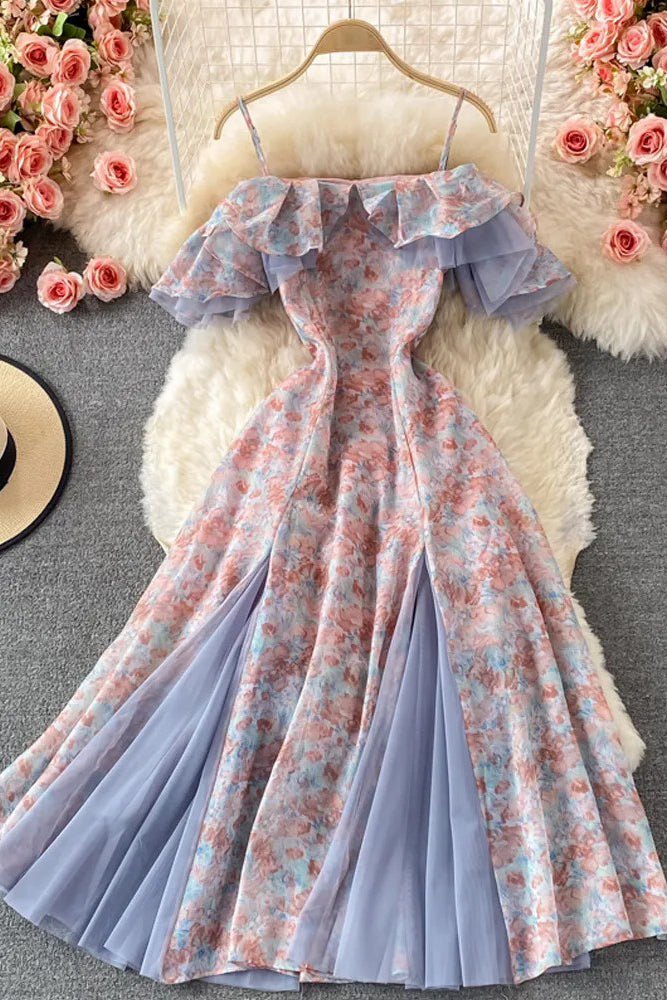 Romantic Lace Patchwork Floral Print Long Dress Women Fashion Off Shou – TOP SHOW