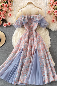 Romantic Lace Patchwork Floral Print Long Dress Women Fashion Off Shoulders High Split Party Dress