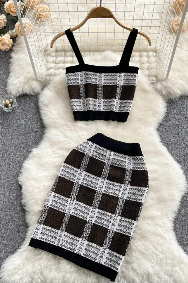 Women Two Piece Fashion Plaid Knitted Short Cami Tops and High Waist Elastic Skirts
