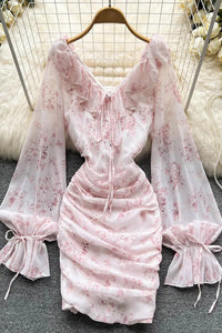 Package Hips Chiffon Dress Long Sleeve Floral Print Bodycon Mini Dress