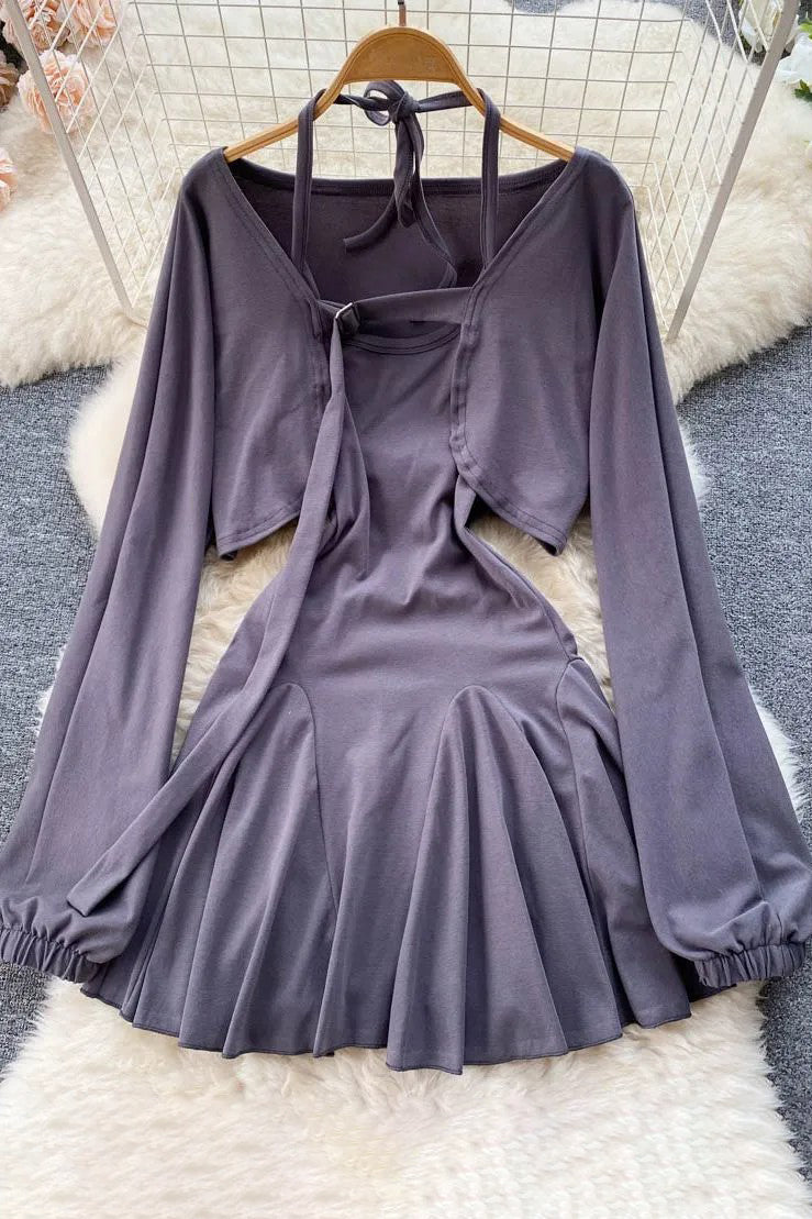 Women Backless Sleeveless Mini Dress Long Sleeve Crop Tops Two Piece Set
