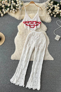 Women Vacation Beach Knitted Camis Crop Tops + High Waist Long Pants Holiday Two Piece Suits