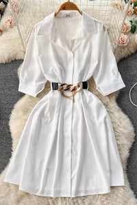 Elegant Women Dress Vintage Turn-down Collar Casual A-line Shirt Dress