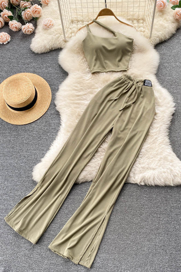 Women Dress Set Fashion Crop Tops + High Waist Bandage Long Pants Beach Two Piece Suits