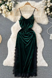 Elegant Lace Patchwork Straps Long Party Dress Women High Split Velvet Bodycon Dress