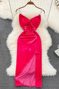 Romantic Women Pearl Straps Party Dress Elegant High Waist Split Velvet Long Dress