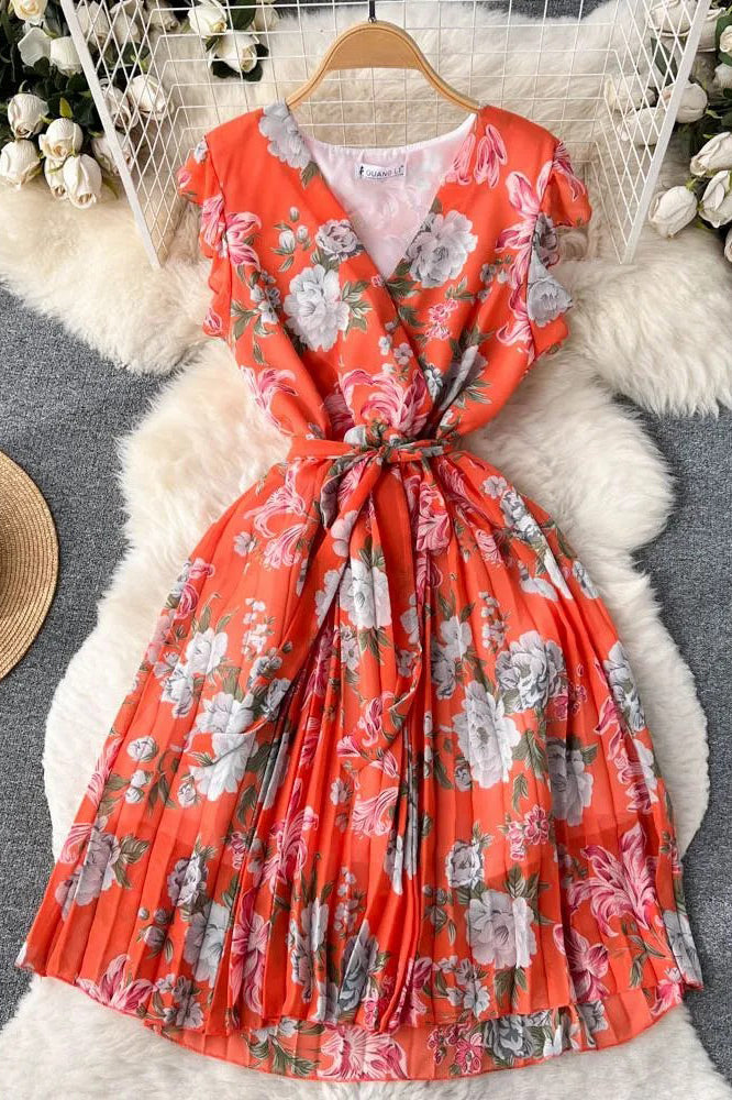 Romantic Women Chiffon Party Dress Elegant Bandage Floral Print Dress