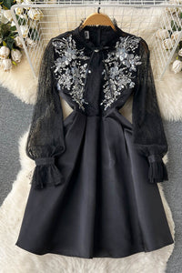 Patchwork Mesh Sequins Design Dress Women Zipper Lace Fashion Slim A Line Party Dresses