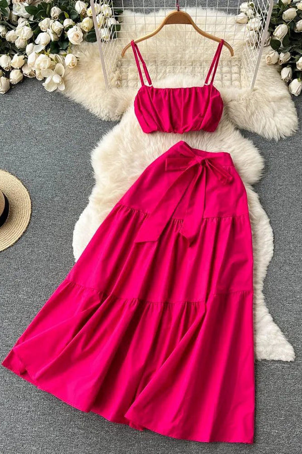 Women Dress Set Camis Tops + High Waist Lace-up Long Skirts Beach Two Piece Suits