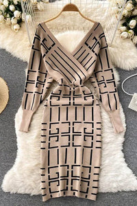 Women Knitted Dress V-neck Geometric Bodycon Sweater Dress