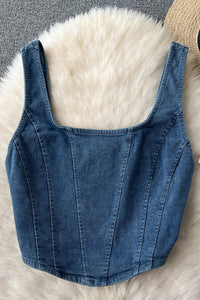 Denim Design Women Camisole Square Neck Zipper High Street Fashion Ladies Tank Top