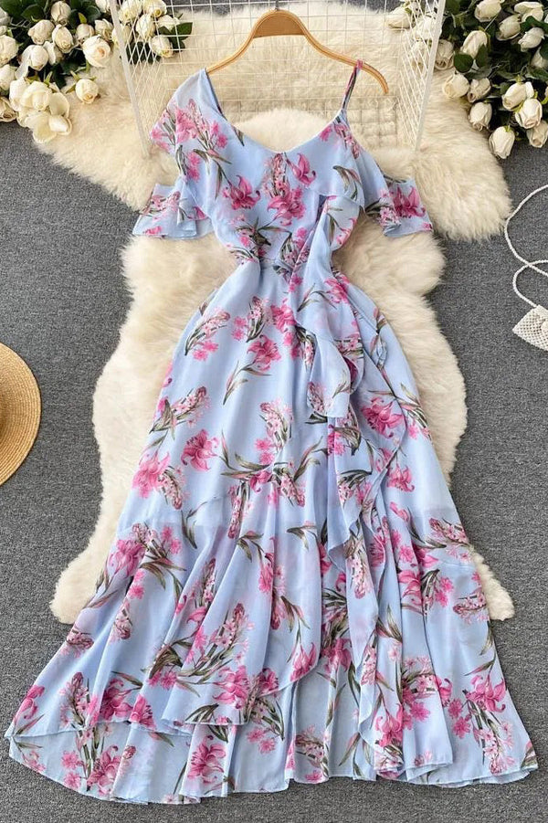 Romantic Women Ruffles Split Chiffon Beach Dress Elegant Flower Print One-Shoulder Vacation Long Dress