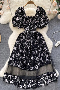 Women Dress Fashion Romantic Floral Print Mesh Patchwork Fake Two Piece Set