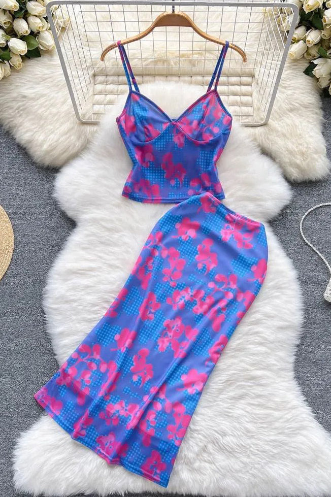 Women Dress Set Print Beach Fashion Strap Camis Tops + Slim Wrap Hips Skirts Two Piece Suit