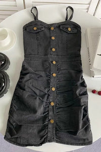 Women Fashion Slim Waist Denim Dress Single-breasted Strap Ruched Bodycon Dress