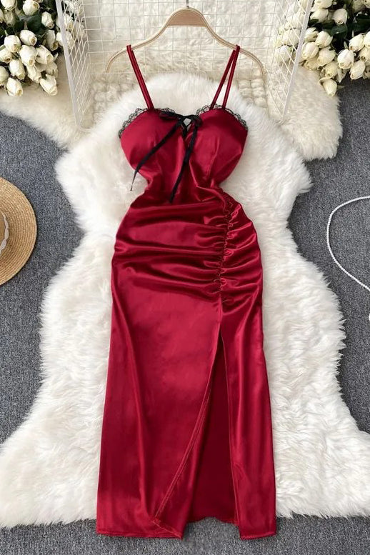 Romantic Women Satin Bodycon Party Dress Waist Ruched Split Gothic Lace Patchwork Long Dress
