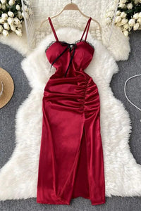 Romantic Women Satin Bodycon Party Dress Waist Ruched Split Gothic Lace Patchwork Long Dress