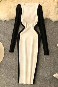 Women Contrast Color Bodycon Dress Fashion Knitted Knee Length Dress