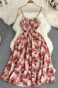 Romantic Rose Print Strap Dress Vintage High Waist Big Swing Long Party Dress