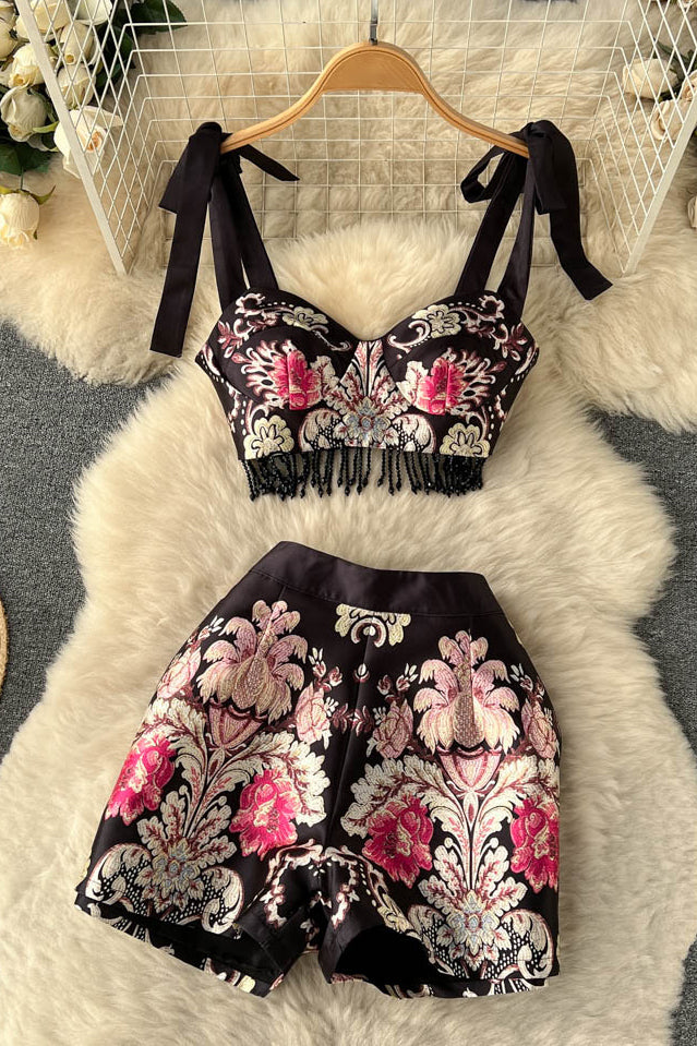 Embroidery Tassel Two Piece Sets Women Striped Camisole Zipper Mini Shorts Retro Court Floral Suits