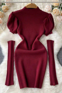 Fashion Clothes Women Puff Sleeve Knitted Bodycon Robe Dresses