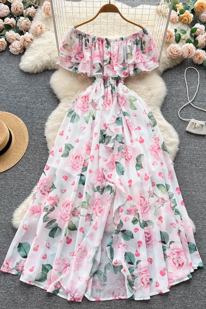 Women Ruffled Slash Neck Elastic Waist Fashion Vacation Ladies A Line – TOP SHOW