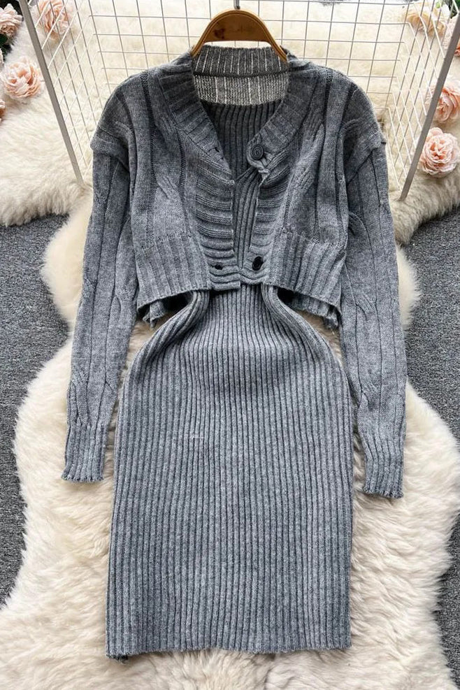 Women Dress Set Fashion Knitted Straps Bodycon Mini Dress and Full Sleeve Short Cardigans Sweaters