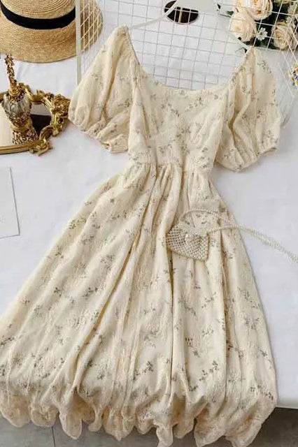 Romantic Women Lace Embroidery Party Dress Elegant Floral Print Short Puff Sleeve Gothic Dress