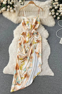 Romantic Tie Dye Print Straps Long Dress High Split Bodycon Party Dress Fashion Beach Dress