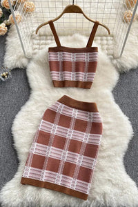 Women Two Piece Fashion Plaid Knitted Short Cami Tops and High Waist Elastic Skirts