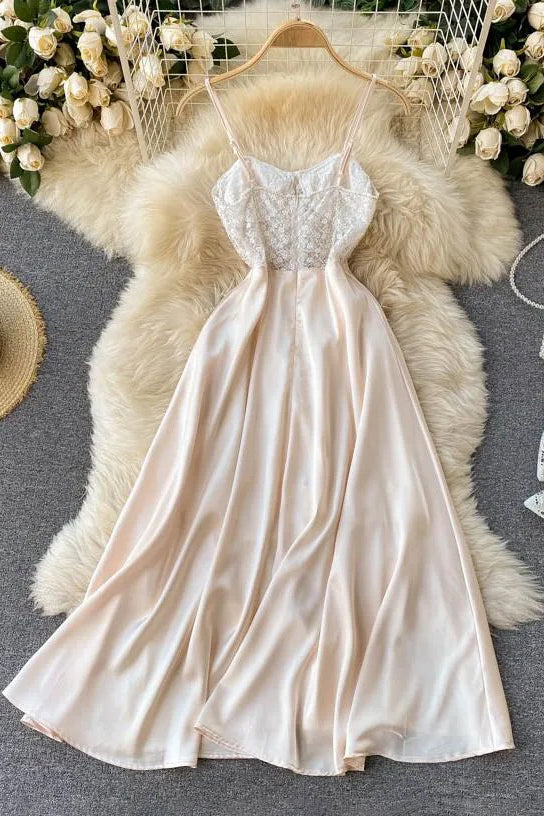 Women Romantic Lace Embroidery Party Dress Lady Strap Satin Long Dress