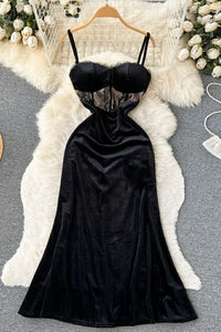 Fashion Women Strap Dress Elegant Lace Gothic Velvet Long Dress