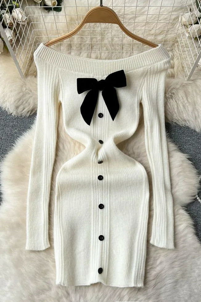 Fashion Women Bow Mini Dress Off Shoulders High Waist Knitted Bodycon Dress