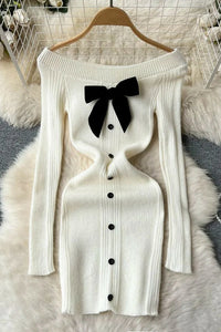 Fashion Women Bow Mini Dress Off Shoulders High Waist Knitted Bodycon Dress