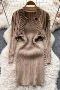 Women Dress Set Fashion Knitted Straps Bodycon Mini Dress and Full Sleeve Short Cardigans Sweaters