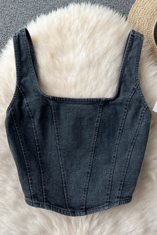 Denim Design Women Camisole Square Neck Zipper High Street Fashion Ladies Tank Top